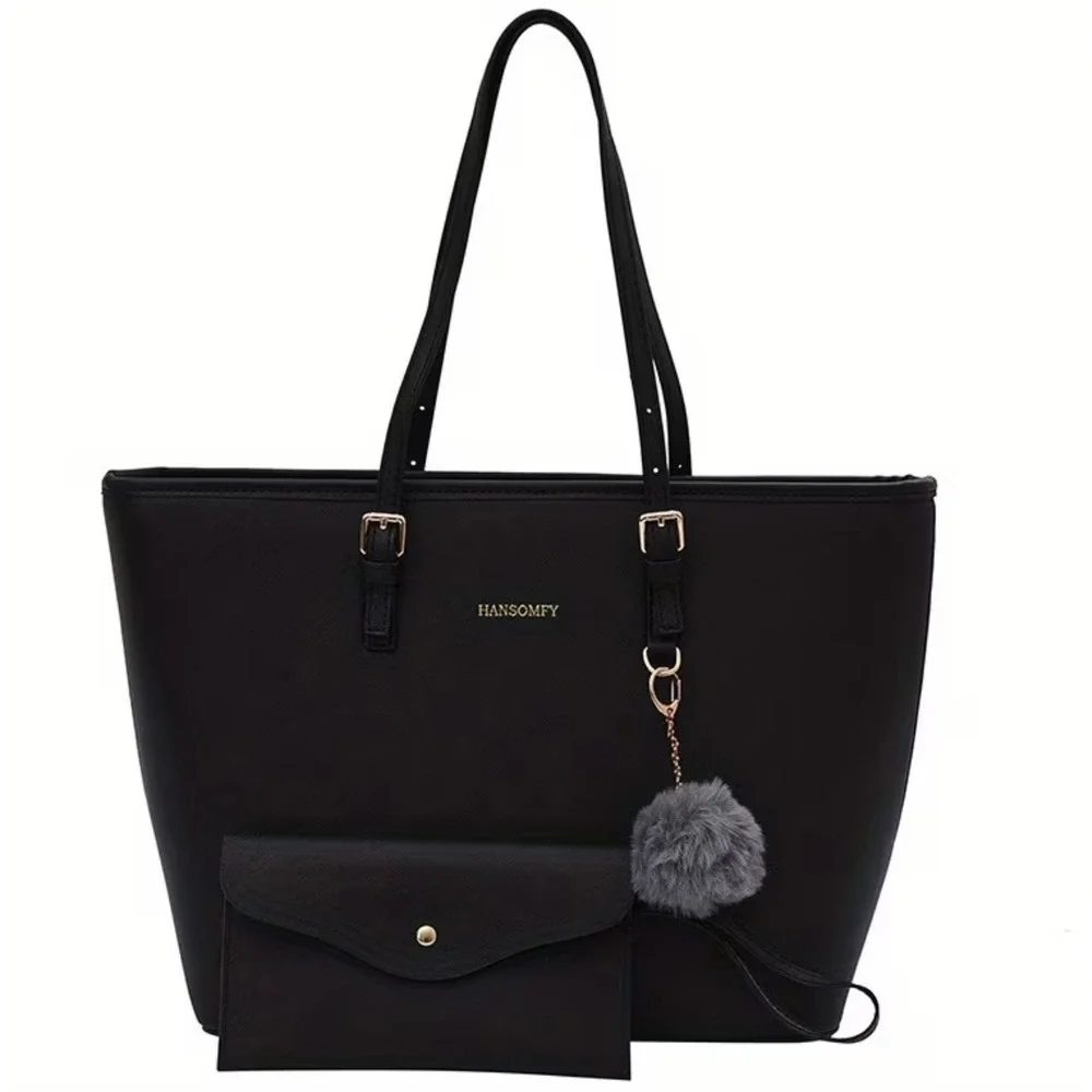 Hansomfy Black Saffiano Tote Bag with Matching Wristlet and Pom Pom Charm